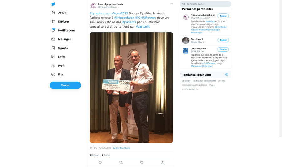 Le compte twitter de France Lymphome Espoir célèbre les résultats du prix FLE 2019 et une bourse accordée au service hématologie du CHU de Rennes.