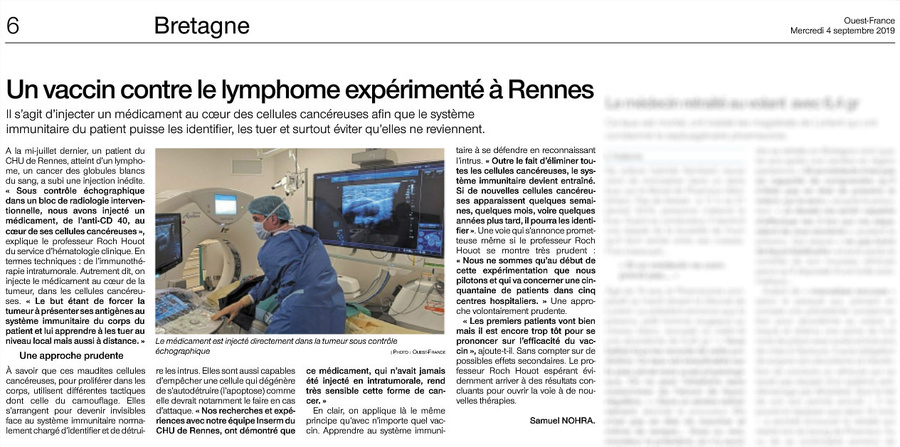 Article Ouest France du 4 septembre 2019 consacré à l'expérimentation d'un vaccin contre le lymphome au département hématologie du CHU de Rennes.